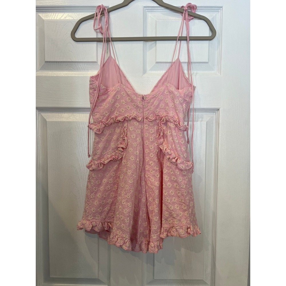 Olivaceous Romper Pink Cotton Eyelet Floral Ruffle  Coquette Soft Girl Feminine